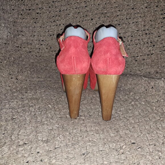 JEFFREY CAMPBELL-Foxy Wood Platform High Heel T-Strap-Red Suede-Sz39/9-Near Mint - Picture 6 of 8